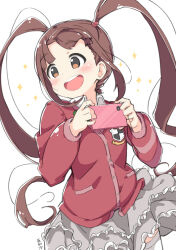 Rule 34 | 1girl, :d, blunt bangs, blush, breasts, brown eyes, brown hair, cellphone, character name, collar, collared shirt, cowboy shot, dot nose, forehead, frilled skirt, frills, grey skirt, hair tie, holding, holding phone, idolmaster, idolmaster million live!, idolmaster million live! theater days, kuresuku (lessons), layered skirt, long hair, long sleeves, looking to the side, matsuda arisa, open mouth, phone, red shirt, shirt, sidelocks, simple background, skirt, small breasts, smartphone, smile, solo, sparkle, teeth, thighhighs, twintails, upper teeth only, very long hair, white background, white collar, white thighhighs, zettai ryouiki