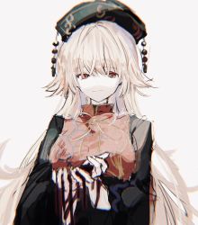 Rule 34 | 1girl, black dress, black headwear, blonde hair, blood, blood on hands, chinese clothes, closed mouth, dress, expressionless, hair between eyes, hands up, highres, junko (touhou), koyomiyoko o, long hair, looking at viewer, neck ribbon, phoenix crown, red eyes, red tabard, ribbon, simple background, solo, tabard, touhou, upper body, very long hair, white background, yellow ribbon