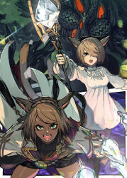 Rule 34 | 2girls, absurdres, agdistis (ff14), alternate form, animal ears, brown eyes, brown hair, cat ears, cat tail, clothing cutout, dark-skinned female, dark skin, dress, facial mark, final fantasy, final fantasy xiv, green eyes, hair over one eye, hide (hideout), highres, holding, holding staff, looking at viewer, miqo&#039;te, monster, multiple girls, open mouth, parted bangs, short hair, shorts, shoulder cutout, staff, tail, warrior of light (ff14), whisker markings, white dress