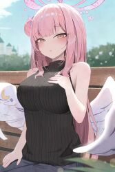 Rule 34 | 1girl, absurdres, angel wings, black sweater, blue archive, blush, breasts, day, ellaje, feathered wings, flower, hair bun, hair flower, hair ornament, halo, highres, large breasts, long hair, mika (blue archive), outdoors, parted lips, pink hair, pink halo, purple flower, ribbed sweater, single side bun, sleeveless, sleeveless sweater, solo, sweater, white wings, wings, yellow eyes