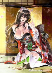 Rule 34 | 1girl, alcohol, bare shoulders, black hair, breasts, brown eyes, cleavage, highres, japanese clothes, kimono, large breasts, long hair, looking at viewer, md5 mismatch, original, resolution mismatch, sake, smile, solo, source smaller, sumomo kpa, sweat, tenka touitsu chronicle, thighhighs, white thighhighs