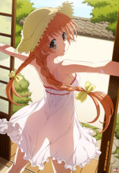 Rule 34 | 1girl, :o, armpits, artist name, ass, back, bare shoulders, blue eyes, bow, braid, breasts, bush, cloud, colorized, covered erect nipples, cowboy shot, day, derivative work, doorway, dress, floating hair, frilled dress, frills, from behind, hair bow, hat, highres, hisasi, kneepits, logo, long hair, looking at viewer, looking back, md5 mismatch, medium breasts, mishima asuka (taiyou no shizuku), no bra, no panties, open door, orange hair, original, outline, outstretched arms, red hair, resized, resolution mismatch, revision, ribbon, see-through, see-through silhouette, shouji, sideboob, sky, skycreed, sliding doors, solo, source larger, spread arms, standing, stone, straw hat, sun hat, sundress, taiyou no shizuku, tree, twin braids, twintails, veranda, watermark, web address, white dress