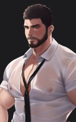 Rule 34 | 1boy, bara, beard, black hair, chris redfield, collared shirt, covered erect nipples, facial hair, gr goden, highres, large pectorals, male focus, muscular, muscular male, necktie, partially unbuttoned, pectorals, resident evil, see-through, shirt, short hair, solo, upper body, white shirt