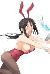 Rule 34 | 1girl, animal ears, black hair, black pantyhose, blush, breasts, brown eyes, cherry, commentary request, constricted pupils, covered navel, cup, detached collar, drinking glass, drinking straw, fake animal ears, fake tail, food, frown, fruit, highres, large breasts, leaning forward, leotard, long hair, low ponytail, open mouth, original, pantyhose, playboy bunny, rabbit ears, rabbit tail, red leotard, red neckwear, sidelocks, simple background, solo, spilling, standing, strapless, strapless leotard, tail, tray, tripping, white background, wrist cuffs, zekkyon