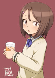 Rule 34 | 1girl, :o, blue bow, blush, bow, brown eyes, brown hair, collared shirt, cup, drinking glass, fujisawa kana, hair ornament, hairclip, highres, holding, holding cup, juice, looking at viewer, negija, school uniform, shirt, short hair, simple background, solo, sweater, sword art online, sword art online alternative: gun gale online, upper body, white shirt