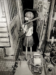 Rule 34 | 1girl, absurdres, bandaid, bandaid on face, baseball bat, commentary, highres, industrial pipe, looking at viewer, original, plant, potted plant, sakiika0513, scenery, school uniform, sepia, serafuku, solo, traditional media, uniform, wind chime