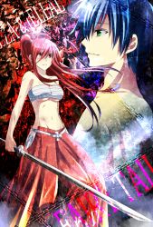 Rule 34 | 1boy, 1girl, bad id, bad pixiv id, blue hair, character name, copyright name, cuts, earrings, erza scarlet, fairy tail, green eyes, hakama, hakama skirt, highres, injury, japanese clothes, jellal fernandes, jewelry, kurose nao, long hair, ponytail, red eyes, red hair, red hakama, sarashi, scar, scratches, skirt, sword, weapon