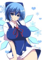 Rule 34 | 1girl, alternate breast size, blue dress, blue eyes, blue hair, blue skirt, bow, breasts, cirno, collared shirt, covered erect nipples, dress, dress tug, hair bow, heart, ice, ice wings, large breasts, looking at viewer, masiromu, matching hair/eyes, aged up, puffy sleeves, shirt, short sleeves, skirt, smile, solo, touhou, wings