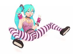 Rule 34 | 1girl, 34no404, ahegao, aqua eyes, aqua hair, aqua nails, belt, blush, bracelet, breasts, cameltoe, camisole, cleft of venus, collar, double v, fingerless gloves, gloves, hatsune miku, jewelry, nail polish, necklace, open mouth, pink gloves, purple legwear, rolling eyes, small breasts, solo, striped legwear, studded belt, tongue, tongue out, twintails, v, vocaloid
