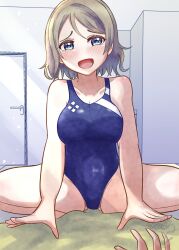 Rule 34 | 1girl, blue eyes, blue one-piece swimsuit, breasts, brown hair, competition swimsuit, grey hair, highres, kenkou2929, love live!, love live! sunshine!!, medium breasts, one-piece swimsuit, short hair, straddling, swimsuit, thighs, watanabe you