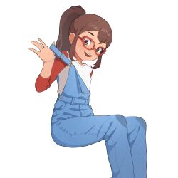 Rule 34 | 1girl, blue overalls, brown eyes, brown hair, corrupted twitter file, denim, disney, freckles, glasses, hailey&#039;s on it!, hailey banks, highres, light blush, looking at viewer, ludo0109, medium hair, open mouth, overalls, ponytail, red shirt, shirt, sidelocks, simple background, sitting, smile, solo, tooth gap, two-tone shirt, unfastened, white background, white shirt