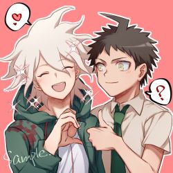 Rule 34 | 2boys, :d, ?, ahoge, brown eyes, brown hair, closed eyes, coat, commentary request, danganronpa (series), danganronpa 2: goodbye despair, green coat, green neckwear, grey hair, heart, heart hands failure, hinata hajime, hood, hooded coat, komaeda nagito, looking at another, male focus, medium hair, meme, multiple boys, necktie, open clothes, open coat, open mouth, outline, pink background, shaguo, shirt, short hair, simple background, smile, sparkle, speech bubble, spoken heart, spoken question mark, teeth, thumbs up, upper teeth only, white outline, white shirt