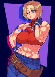 Rule 34 | abs, belt, blonde hair, blue eyes, blue mary, breasts, cottonwings, fatal fury, hand on back, hand on own hip, muscular, muscular female, short hair, sigh, signature, solo, the king of fighters