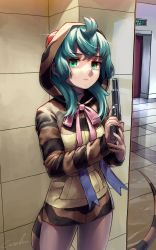 Rule 34 | 1girl, absurdres, commentary request, cowboy shot, emergency exit, exit sign, expressionless, green eyes, green hair, gun, handgun, highres, holding, holding gun, holding weapon, hood, hood up, hoodie, indoors, kemono friends, long hair, long sleeves, looking at viewer, neck ribbon, ribbon, signature, snake tail, solo, striped clothes, striped hoodie, striped tail, tail, tsuchinoko (kemono friends), weapon, welt (kinsei koutenkyoku)