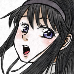 Rule 34 | 10-60, 10s, akemi homura, black hair, from behind, hairband, long hair, looking at viewer, looking back, mahou shoujo madoka magica, mahou shoujo madoka magica (anime), open mouth, portrait, purple eyes, simple background, solo, white background