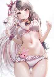 Rule 34 | 1girl, bare arms, bare shoulders, bikini, black bow, black hair, blush, bow, breasts, ciawasemono, cleavage, closed mouth, collarbone, commentary request, cowboy shot, frilled bikini, frills, from below, hair bow, hair ornament, hair ribbon, hands up, highres, long hair, looking at viewer, looking down, mixed-language commentary, multicolored hair, navel, nijisanji, one side up, rabbit hair ornament, red bow, red eyes, red hair, red ribbon, ribbon, scrunchie, silver hair, skindentation, small breasts, smile, solo, split-color hair, stomach, swimsuit, thigh gap, very long hair, virtual youtuber, w arms, white bikini, wrist scrunchie, yorumi rena, yorumi rena (7th costume)