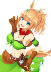 Rule 34 | 1girl, :d, animal ears, armband, armpits, bare shoulders, belt, blue eyes, breasts, brown belt, brown gloves, brown hair, cleavage, collarbone, commentary request, cowboy hat, cowboy shot, crop top, detached sleeves, eyebrows hidden by hair, frilled skirt, frills, gloves, green armband, green shirt, green skirt, green sleeves, gun, hair between eyes, hair ornament, hand up, hat, hat on back, holstered, horse ears, horse girl, horse tail, kemuri (etep3372), large breasts, long hair, looking at viewer, midriff, navel, open mouth, partial commentary, ponytail, red scarf, scarf, shirt, sidelocks, simple background, skirt, smile, solo, standing, star (symbol), star hair ornament, star print, taiki shuttle (umamusume), tail, umamusume, weapon, white background