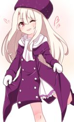 Rule 34 | 1girl, blush, breasts, buttons, chawan (yultutari), coat, eyelashes, fate/stay night, fate (series), fur hat, gradient background, hair between eyes, hat, heart, highres, illyasviel von einzbern, long hair, long sleeves, looking at viewer, mittens, one eye closed, open mouth, papakha, pink background, purple coat, purple hat, red eyes, scarf, skirt, small breasts, smile, solo, sparkle, white hair, white mittens, white scarf, white skirt, winter clothes