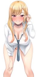 Rule 34 | bent over, black choker, blonde hair, blue necktie, blush, breasts, choker, cleavage, clenched teeth, collarbone, convenient censoring, jewelry, kitagawa marin, large breasts, lomocya, long hair, long sleeves, necktie, no panties, parted bangs, red eyes, ring, shirt, simple background, smile, sono bisque doll wa koi wo suru, standing, teeth, white background, white shirt