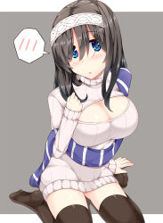 Rule 34 | 10s, 1girl, :o, arm support, black hair, black thighhighs, blue eyes, blush, breasts, cleavage, cleavage cutout, clothing cutout, dress, embarrassed, grey background, hair between eyes, hairband, head tilt, headband, idolmaster, idolmaster cinderella girls, large breasts, long hair, long sleeves, looking at viewer, meme attire, oga raito, open-chest sweater, open mouth, outside border, sagisawa fumika, shadow, shawl, simple background, sitting, solo, speech bubble, spoken blush, striped, sweat, sweater, sweater dress, thighhighs, turtleneck, wariza, zettai ryouiki