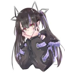 Rule 34 | 1girl, black hair, black jacket, blush, closed mouth, commentary request, cross-laced clothes, cross-laced sleeves, demon girl, demon horns, haizanhei, hands on own cheeks, hands on own face, highres, horns, jacket, kojo anna, kojo anna (1st costume), long hair, long sleeves, looking at viewer, multicolored hair, nanashi inc., pointy ears, purple hair, russian text, simple background, smile, solo, sugar lyric, twintails, two-tone hair, upper body, virtual youtuber, white background, yellow eyes