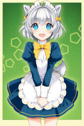 Rule 34 | :d, absurdres, animal ears, blue eyes, bow, cowboy shot, emilia (world teacher), hair bow, highres, looking at viewer, maid, maid headdress, maximilian-destroyer, open mouth, silver hair, smile, solo, tail, wolf ears, wolf tail, world teacher -isekaishiki kyouiku agent-, yellow bow