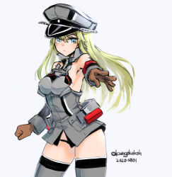 Rule 34 | 1girl, anchor hair ornament, bismarck (kancolle), black panties, blonde hair, blue eyes, brown gloves, contrapposto, cowboy shot, dated, detached sleeves, gloves, grey thighhighs, hair ornament, hat, kangoku kou, kantai collection, long hair, looking at viewer, military, military hat, military uniform, one-hour drawing challenge, panties, peaked cap, simple background, sleeveless, solo, thighhighs, twitter username, underwear, uniform, white background