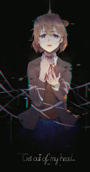 Rule 34 | 1girl, black background, blue eyes, blue skirt, bow, brown hair, brown jacket, brown vest, collared shirt, commentary, digital dissolve, doki doki literature club, english text, hair between eyes, hair bow, hanged, highres, jacket, kuroduki (pieat), long sleeves, looking at viewer, neck ribbon, parted lips, pleated skirt, red bow, red ribbon, ribbon, rope, sayori (doki doki literature club), school uniform, shirt, skirt, solo, spoilers, suicide, vest, white shirt