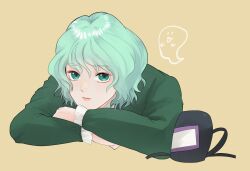 Rule 34 | 1girl, black hat, closed mouth, commentary request, ghost, green eyes, green hair, hat, highres, koino22, long sleeves, looking at viewer, ofuda, ofuda on clothes, short hair, simple background, soga no tojiko, solo, tate eboshi, touhou, unworn headwear, upper body