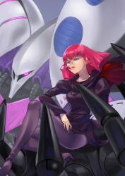 1girl absurdres cape commentary_request dress flower gundam gundam_zz haman_karn highres katt_sun long_sleeves looking_at_viewer mecha mobile_suit neo_zeon pantyhose pink_hair purple_eyes qubeley robot rose science_fiction sitting smile zeta_gundam