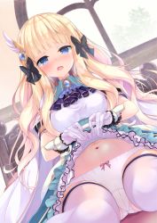Rule 34 | 1girl, blonde hair, blue eyes, capelet, cloak, clothes lift, kizuki erika, panties, pointy ears, princess connect!, saren (princess connect!), solo, thighhighs, underwear, white thighhighs
