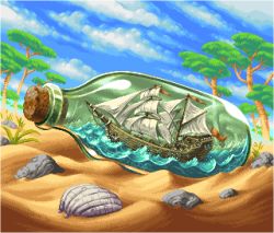 Rule 34 | bottle, day, ocean, original, outdoors, pixel art, seashell, shell, ship, ship in a bottle, tree, vierbit, watercraft