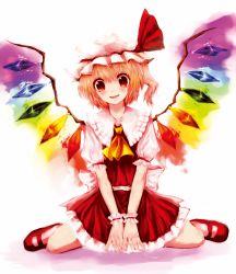 Rule 34 | 1girl, ascot, bad id, bad pixiv id, blonde hair, blush, female focus, flandre scarlet, glowing, glowing wings, hal360, hat, hat ribbon, head tilt, highres, long hair, open mouth, red eyes, red footwear, ribbon, shirt, shoes, side ponytail, sitting, skirt, skirt set, smile, solo, embodiment of scarlet devil, touhou, v arms, wariza, wings, wrist cuffs, wrist ribbon