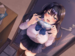 Rule 34 | 1girl, black hair, black skirt, black thighhighs, blue panties, blush, breasts, collared shirt, commentary request, cover, doorway, highres, holding, holding clothes, holding panties, holding underwear, indoors, large breasts, long hair, looking at viewer, mail, mojimaru, open door, open mouth, original, panties, unworn panties, plaid, plaid skirt, pleated skirt, purple eyes, shirt, sidelocks, skirt, smile, solo, stained panties, thighhighs, underwear, uniform, white shirt