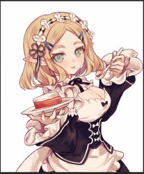 Rule 34 | atsuakulove, blonde hair, cake, cake slice, cosplay, food, green eyes, highres, maid, nail polish, nintendo, pink nails, pointy ears, princess zelda, rem (re:zero), rem (re:zero) (cosplay), short hair, simple background, solo, the legend of zelda, the legend of zelda: breath of the wild, the legend of zelda: tears of the kingdom, white background