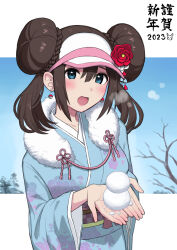 Rule 34 | 1girl, 2023, :d, absurdres, alternate costume, blue kimono, blush, breath, brown hair, commentary request, creatures (company), dated, double bun, doughnut hair bun, earrings, floral print, flower, game freak, hair bun, hair flower, hair ornament, hat, highres, holding, holding snowball, japanese clothes, jewelry, kimono, looking at viewer, nintendo, nishikino kee, open mouth, pokemon, pokemon bw2, red flower, rosa (pokemon), sash, smile, snowball, solo, visor cap, white hat, wide sleeves