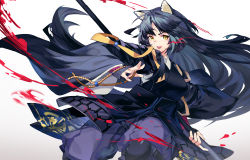 Rule 34 | 1girl, :d, absurdres, animal ears, arknights, armor, black hair, black kimono, blonde hair, blood, dog ears, dog girl, faulds, forehead, highres, holding, holding weapon, japanese clothes, kimono, knee pads, long hair, long sleeves, looking at viewer, open mouth, pants, parted bangs, puffy pants, purple pants, saga (arknights), simple background, sleeves past wrists, smile, solo, straight hair, tsumiki (12756023), v-shaped eyebrows, very long hair, weapon, white background, wide sleeves