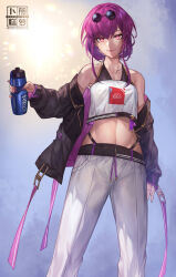 Rule 34 | 1girl, absurdres, bare shoulders, bra strap, commentary request, crop top, crop top overhang, feet out of frame, highres, holding, honkai: star rail, honkai (series), kafka (honkai: star rail), long hair, long sleeves, looking at viewer, midriff, navel, off shoulder, pants, purple eyes, purple hair, purple lips, radishkek, shirt, smile, solo, standing, stomach, strapless, strapless shirt, white pants, white shirt