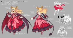 Rule 34 | 1girl, back, barefoot, blonde hair, blue eyes, breasts, character request, character sheet, cleavage, copyright notice, demon girl, demon horns, demon tail, demon wings, detached sleeves, disgaea, disgaea rpg, dress, floating hair, full body, grey background, high heels, horns, large breasts, long hair, multiple views, nail polish, official art, one eye closed, open mouth, photoshop (medium), pink footwear, pumps, red nails, simple background, smile, solo focus, tail, text focus, translation request, tria (disgaea), turnaround, wings