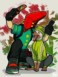 Rule 34 | 1boy, animal, black gloves, black pants, bomb rush cyberfunk, bucket hat, cellphone, clothed animal, commentary, cyberhead, dog, english commentary, extra, flip phone, gloves, green shirt, grey background, hat, highres, jacket, male focus, pants, phone, red (bomb rush cyberfunk), selfie, shirt, shoes, simple background, sneakers, squatting, sweatpants, taking picture, track jacket, v, waker608