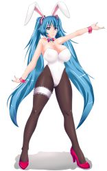Rule 34 | 1girl, animal ears, aqua eyes, aqua hair, bow, bowtie, breasts, bridal garter, covered erect nipples, fake animal ears, full body, hatsune miku, high heels, large breasts, legs, leotard, long hair, pantyhose, playboy bunny, pumps, rabbit ears, shoes, simple background, smile, solo, twintails, very long hair, vocaloid, white background, wolfheck, wrist cuffs