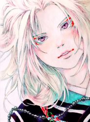 Rule 34 | 1boy, bead necklace, beads, blonde hair, blush, dutch angle, enki (juuni kokuki), eyelashes, eyeliner, hair spread out, jewelry, juuni kokuki, light smile, lips, lipstick, looking at viewer, lying, makeup, male focus, necklace, on back, parted lips, pink eyes, portrait, solo, traditional media, white hair, yuba (51heian)