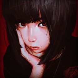 Rule 34 | 1girl, artist name, black hair, blunt bangs, close-up, closed mouth, guweiz, hand on own cheek, hand on own face, head rest, looking at viewer, original, red background, red eyes, red lips, short hair, simple background, smile, solo