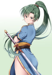 Rule 34 | 1girl, ass, blue dress, breasts, commentary request, cowboy shot, dress, earrings, fire emblem, fire emblem: the blazing blade, from behind, gradient background, green background, green eyes, green hair, high ponytail, jewelry, jiino, katana, long hair, looking at viewer, looking back, lyn (fire emblem), medium breasts, nintendo, orange sash, ponytail, sash, scabbard, sheath, sheathed, short sleeves, side slit, smile, solo, standing, sword, thighs, very long hair, weapon, white background