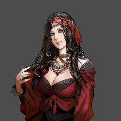 Rule 34 | 1girl, bandana, black hair, breasts, castlevania (series), castlevania: order of ecclesia, cleavage, dress, green eyes, hirooka masaki, jewelry, large breasts, laura (castlevania), laura (castlevania ooe), lowres, necklace, official art, solo