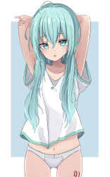 Rule 34 | 1girl, absurdres, ahoge, alternate hairstyle, aqua eyes, aqua hair, arms up, bad anatomy, blue background, blush, breasts, collarbone, commentary request, cowboy shot, gluteal fold, hair between eyes, hair down, hatsune miku, highres, looking at viewer, maud0239, midriff peek, navel, panties, parted lips, pinky out, shirt, short sleeves, simple background, small breasts, solo, standing, underwear, vocaloid, white panties, white shirt