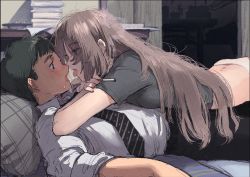 Rule 34 | 1boy, 1girl, after kiss, black hair, black neckwear, blush, book, book stack, brown hair, cigarette, collared shirt, commentary, crossed arms, eye contact, eyes visible through hair, grey shirt, hetero, indoors, katsuoboshi, long hair, looking at another, lying, lying on person, messy hair, necktie, on back, on stomach, original, panties, saliva, saliva trail, shirt, short hair, short sleeves, sleeves rolled up, smoke, striped neckwear, tongue, tongue out, underwear, white panties, white shirt