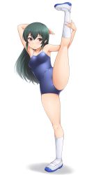 Rule 34 | 1girl, black hair, breasts, brown eyes, commentary request, commission, competition school swimsuit, full body, highres, idolmaster, idolmaster cinderella girls, kneepits, long hair, looking at viewer, ohishi izumi, pataneet, pixiv commission, school swimsuit, simple background, small breasts, solo, split, standing, standing on one leg, standing split, swimsuit, white background, white legwear
