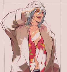 Rule 34 | 1boy, boku no hero academia, brown coat, coat, collarbone, commentary, english commentary, fur-trimmed coat, fur trim, grey background, grey hair, hair between eyes, hand on own forehead, hand up, hawaiian shirt, highres, jimi (jimieezy), long sleeves, male focus, medium hair, mole, mole under mouth, open mouth, pectoral cleavage, pectorals, pink shirt, red eyes, scar, scar across eye, scar on face, shigaraki tomura, shirt, simple background, solo, teeth, upper body