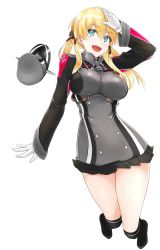 Rule 34 | :d, anchor hair ornament, black skirt, blonde hair, blue eyes, breasts, chuu (rinet), full body, gloves, hair between eyes, hair ornament, unworn headwear, highres, kantai collection, large breasts, long hair, military, military uniform, open mouth, pleated skirt, prinz eugen (kancolle), simple background, skirt, smile, thighs, twintails, uniform, white background, white gloves